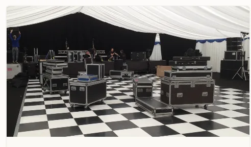 Professional audio visual event setup with stage lighting